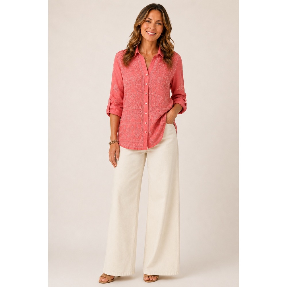 Soft Surroundings Pink Embroidered Cotton Tunic Top Boho Cottagecore Small